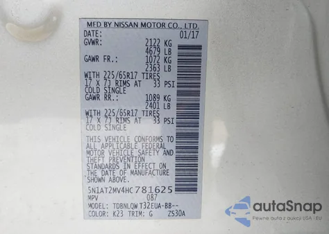 2017 Nissan Rogue Sv z USA, uszkodzony, nr VIN 5N1AT2MV4HC781625